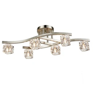 Modern Crystal Ceiling Light Fixture with Glass Ice Cube 6 Lights Brushed Nickel - Picture 1 of 9