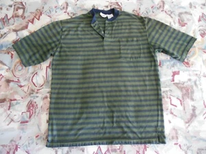 Puritan Men's Collarless Polo Green Striped Short Sleeve Shirt Size Medium - Picture 1 of 2
