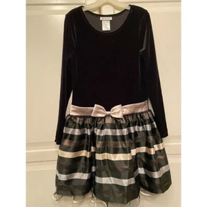 Bonnie Jean Sz 14 Girl's Special Occasion Dress Black, Gold, Silver Stripe Bow - Picture 1 of 5