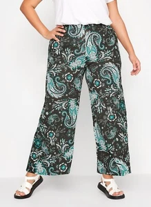 YOURS Curve Black & Green Paisley Print Stretch Wide Leg Trousers Size 16 - Picture 1 of 4