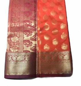 Krishna orange leichter Pattu Sari mit weinrotem Rand (SARI9) - Bild 1 von 2