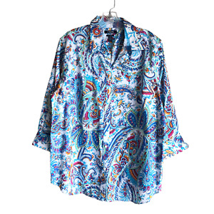 Chaps Women's Blouse Shirt Plus 1X Paisley Floral Colorful No Iron 100% Cotton