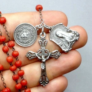 Sacred Heart , Saint Mary. Coral Beads and Silver. Antique Religious Rosary. - Picture 1 of 11
