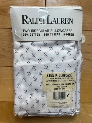 Pair Vintage Ralph Lauren KING Anchor pillowcases NIP Blue White Red Nautical - Image 1 of 4