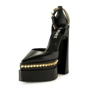Zapatos de tacón alto Versace para mujer con tachuelas de metal negros 100 % cuero EE. UU. 5 IT 35 - Imagen 1 de 8