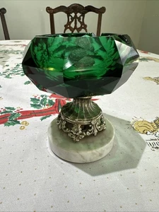 VTG Hollywood Regency Ftd Metal Marble Pedestal Ashtray Crystal Bowl Emerald - Picture 1 of 8