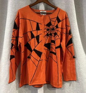 Vintage Quacker Factory Halloween Beaded spiderweb Orange Cardigan Sweater sz 1X - Picture 1 of 6