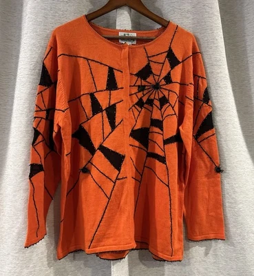 Vintage Quacker Factory Halloween Beaded spiderweb Orange Cardigan Sweater sz 1X - Image 1 of 4