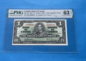 CANADA 1937 $1 NOTE, BC-21c COYNE - TOWERS, PMG CHOICE UNC 63 EPQ - Bild 1 von 2