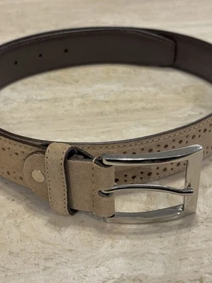 NEW Florsheim Belt Lucky Brogue Suede Leather Tan Perforated Silver Buckle 34” - Image 1 of 4