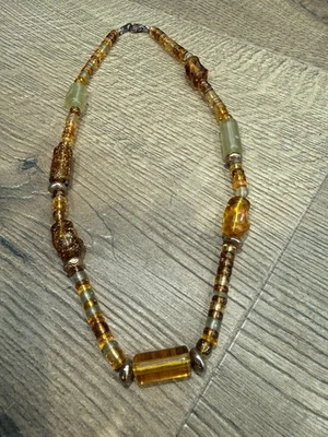 Handmade Boho Glass Beaded Necklace Amber Gold Brown Artisan Jewelry - Image 1 of 3