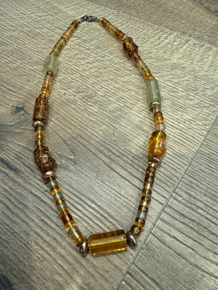 Handmade Beaded  Amber Gold Brown Necklace. - Image 1 of 3