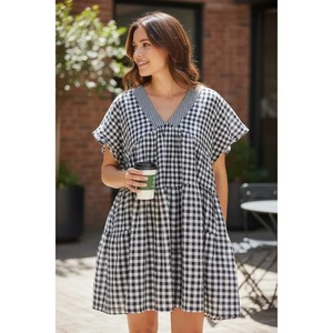 NWT Anthropologie 11.1. Tylho Gingham Babydoll Midi Women's Medium Navy White - Picture 1 of 4