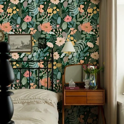 17.3" x 118" Dark Green Floral Peel Stick Wallpaper Boho Floral Contact Paper - Image 1 of 4