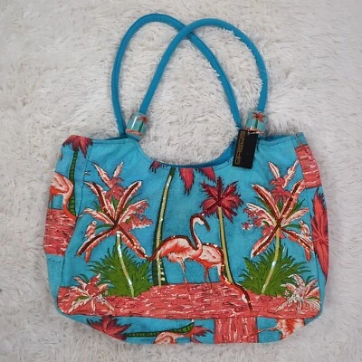 Bolso de Mano Vintage Sasha Handbags Inc. Nueva York Flamenco Algodón Azul/Rosa Nuevo con Etiquetas Foto 1 de 4