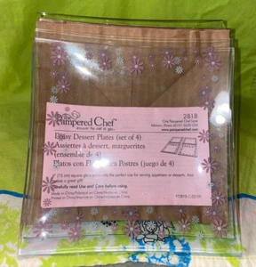 Pampered Chef Elegant  6" Square Daisy Dessert Plates Set Of 4  Breast Cancer - Picture 1 of 8