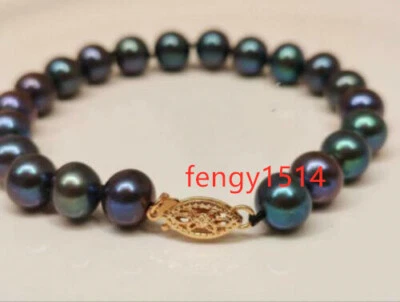 Gorgeous AAA+ 9-10mm black green pearl bracelet 7.5-8" 14k yellow gold bracelets - Image 1 of 4