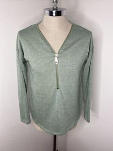 Weiche Umrandung Damen Shirt grün Tunika Oberteil M Langarm Reißverschluss V-Ausschnitt - Bild 1 von 7