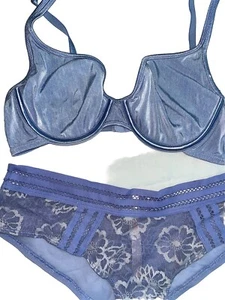 Vtg Vanity Fair Satin Bra 75238 Periwinkle Blue Victorias Secret Panty 36B M - Picture 1 of 12
