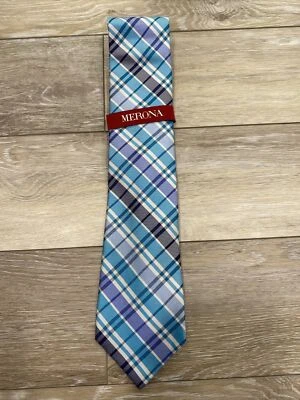 Новый с Ярлыками Merona синий и белый клетку узор 100% шелк #754B - Изображение 1 из 2