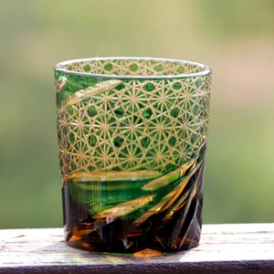 Crystal Glass Whisky Glass Tumbler Edo Kiriko Drinkware Hand Cut Clear 9oz Green - Picture 1 of 8