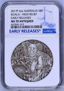 2017 P AUSTRALIA Koala HIGH RELIEF ANTIQUED 2 Oz Silver $2 COIN NGC MS70 ER - Picture 1 of 4