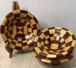 Wooden Salad Bowls Set Of 4 Checkerboard Design 7” Dia Handcrafted Each Unique - Picture 1 of 10