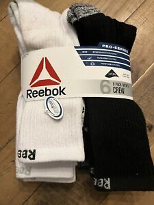 New Reebok Mens Black & White Crew Socks 6 Pairs Pro-Series Size 6 - 12.5