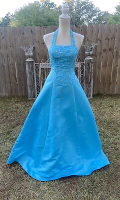 Vestido formal feminino Antonio Castelle novo com etiquetas azul celeste halter tamanho 4 concurso formatura - Imagem 1 de 4