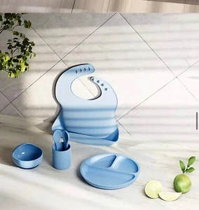 6 Piece Silicone Baby Feeding Set(Baby Bib, Spoon And Fork, Plate, Bowl,And Cup) - Picture 1 of 7