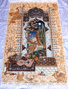 Phenomenal 100% Silk Hand Knotted 4' x 6'7" Bird Animals Flowers Pictorial Rug - Picture 1 of 20