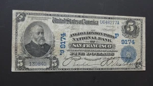 1902 Benjamin Harrison $5 National Bank Note   Rare   SAN FRANCISCO Ca. - Picture 1 of 3