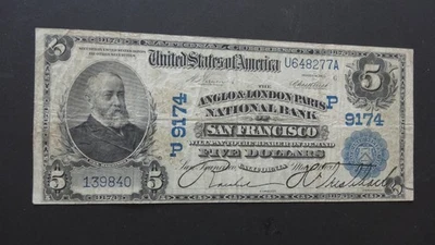 1902 Benjamin Harrison $5 National Bank Note   Rare   SAN FRANCISCO Ca. - Image 1 of 3