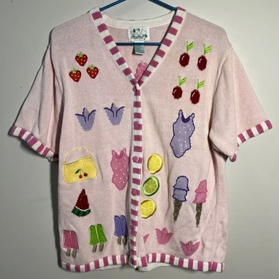 VTG Quaker Factory Knit Sweater Summer Cardigan Pink Ice Cream Flowers  Womens L - Image 1 of 4