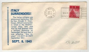 WW2 Patriotic 9/8/1943 ITALY SURRENDERS & TEXT RE: GENERAL EISENHOWER CV $40 - Picture 1 of 1