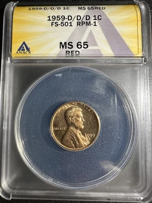 1959 D/D/D, Error, Lincoln Memorial Penny, MS65 RD Red  RPM FS-501 ANACS graded - Image 1 of 3