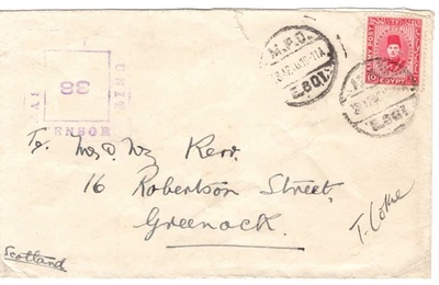 28AP40 Egypt to Scotland.  MPO E601 BPO E602 and A302 censor w/number inverted - Image 1 of 2