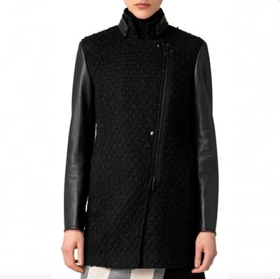 Abrigo Akris Punto Boucle Mezcla Lana Largo Medio Mangas Cuero Chaqueta Negra EE. UU. 4 Foto 1 de 4