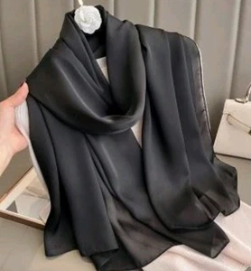 Rectangular All Black Silk Plaid Scarf / Shawl 70" X 35" - Picture 1 of 1