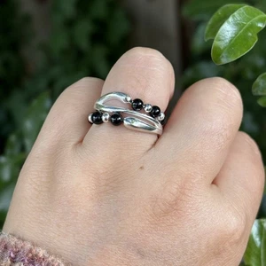 Neu 925 Sterlingsilber schwarzer Onyx Perlen verstellbarer Ring modern Handwerker 4,6 g - Bild 1 von 6