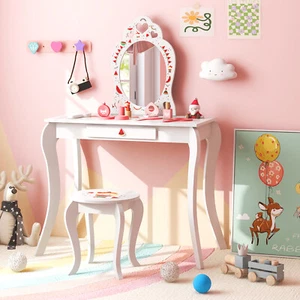 Kids Vanity Dressing Table Stool Set Study Desk Watermelon Patterns Play Makeup - Picture 1 of 8