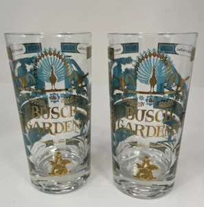 Bush Gardens Souvenir Drinking Glasses 2 Vintage Aqua & Gold 12 Oz Tampa Florida - Picture 1 of 6