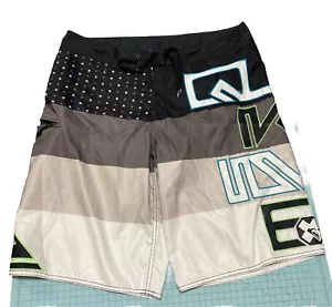 Quiksilver Board Shorts Mens 36 Waist Black Gray Striped Surf Swim Trunks Y2K - Picture 1 of 8