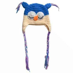 Handmade Sleepy Owl Crochet Winter Knit Hat Toddler Blue White Straps - Picture 1 of 5