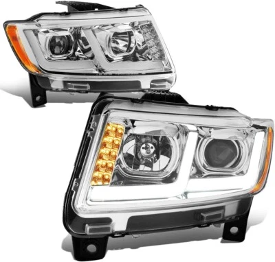 FOR 2011-2013 Jeep Grand Cherokee Dual L-Tube DRL Projector Chrome Headlights - Image 1 of 4