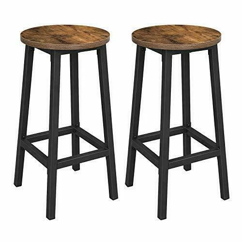 VASAGLE 65 cm Sturdy Steel Frame Round Easy Assembly Vintage Set of 2 Bar Stools - Brown/Black