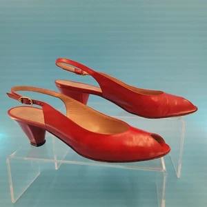 Vintage Bruno Magli Red Leather Slingback Pumps Peep Toe Size 8 AAA Made Italy - Picture 1 of 20