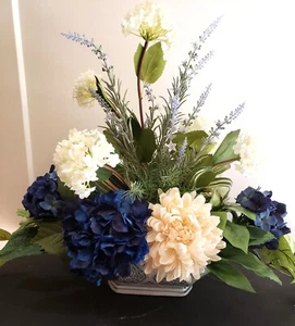 Navy blue and cream floral centerpiece, toille container, flower centerpiece - Picture 1 of 5