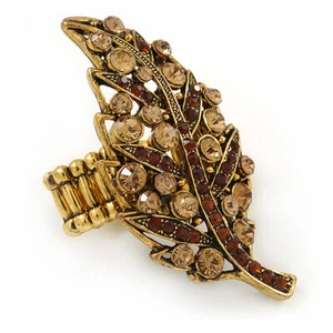 Large 'Autumn Dew' Citrine/ Amber Crystal Leaf Stretch Ring In Burnt Gold Tone - Picture 1 of 4