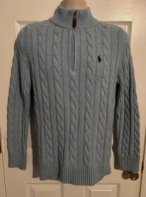 Polo Ralph Lauren Men's 1/4 Zip Cable Knit Wool Blend Blue Sweater Size Medium - Image 1 of 4